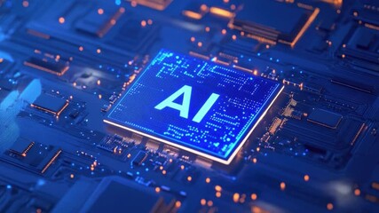 Poster - Futuristic Digital Circuit Board with Illuminated AI Chip in Deep Blue Glow and Modern Technology Background