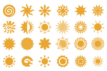 Aufkleber - Yellow sun icon set in flat graphic design. Collection isolated elements with different types of simple summer circle symbols with sunbeams, sunbursts, sunshines, swirl rays. Vector illustration.