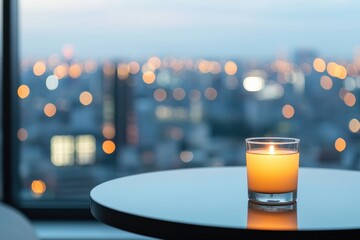 Aufkleber - Burning candle creating cozy ambiance on table overlooking city lights at dusk