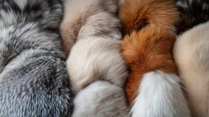 Poster - close-up of luxurious soft textures of various animal furs in shades of gray, brown, and cream on sh