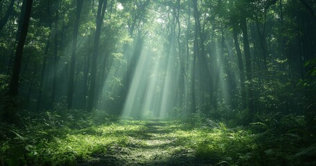 Poster - Sunlight shining through tall trees on a forest path