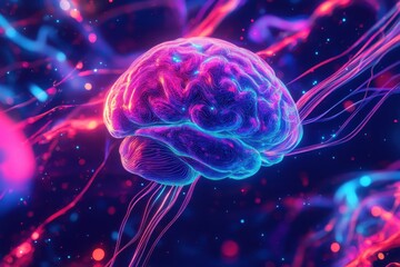 Poster - Vibrant abstract representation of human brain with colorful neural connections