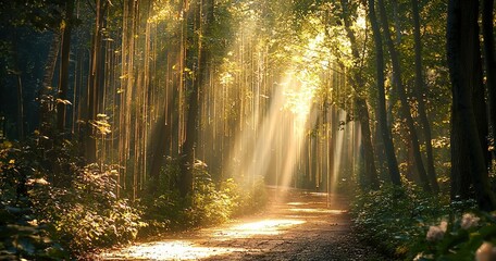 Poster - Sunlight filtering through trees creating enchanting path in forest landscape