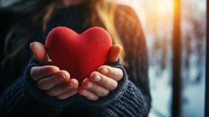 Poster - a gentle embrace of affection a woman's hands holding a heart symbol against the backdrop of a softl
