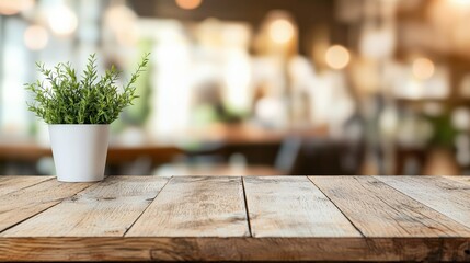 Aufkleber - Empty wooden table with plant displays cozy cafe interior