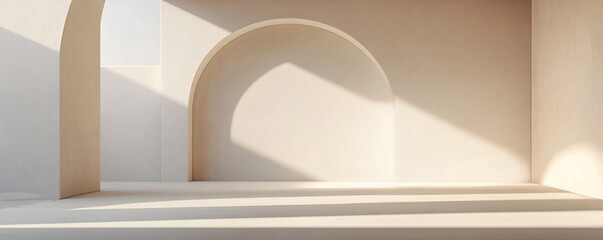 Poster - Warm sunlight illuminating modern minimalist interior design with arches