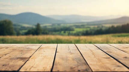 Fototapete - Empty rustic farm table displaying countryside landscape with natural light