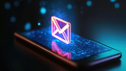 Poster - Digital Mail Notification on Smartphone Display with Futuristic Neon Effects and Blue Binary Code Background