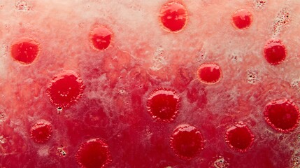 Poster - Red bubbles floating on a pink liquid surface creating an abstract pattern