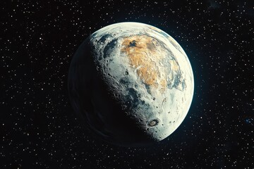 distant planet with textured surface, surrounded by stars. cosmic scene