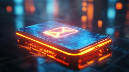 Poster - Futuristic Smartphone with Email Icon Illuminated Against Digital Circuit Background in Neon Colors