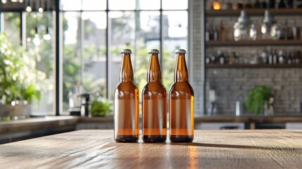 Poster - Three beer bottles with blank labels resting on wooden table in blurred bar setting