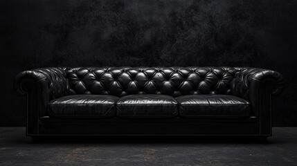 Aufkleber - Black leather chesterfield sofa in front of dark wall