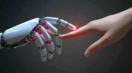 Poster - symbolic representation of the digital era shows human and robot interaction through a digital glowing interface depicting future collaboration between humanity and technology