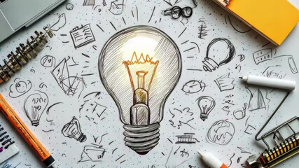 Poster - Bright ideas gather around a lightbulb amidst organized office supplies for creative brainstorming, A light bulb surrounded by various office supplies and doodles, symbolizing innovation