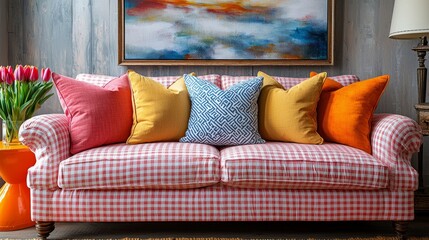 Leinwandbilder - In a warm and inviting living room, a soft couch with vibrant pillows invites you to unwind