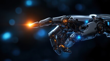  - futuristic robotic hand reaching out in a dark digital space symbolizes advanced technology artificial intelligence and the potential of human-machine interaction to transform society