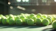 © Photo - Pile of bright green tennis balls resting on the court after a match detailed close-up view