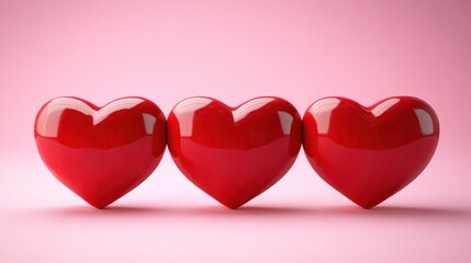 Poster - three-dimensional rendering of three red heart shapes aligned in a row against a soft pink gradient 