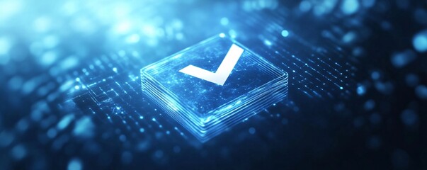 Poster - Validating digital information: futuristic checkmark symbol on circuit board