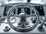 A sleek, polished chrome ship's steering wheel with modern technological displays in the background, indicating a luxury boating experience.