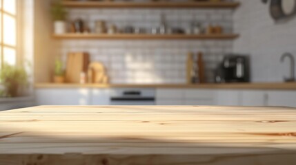 Poster - sunlit kitchen tableau featuring a light-toned wooden countertop creating a serene and inviting atmosphere perfect for showcasing culinary delights and home lifestyle concepts