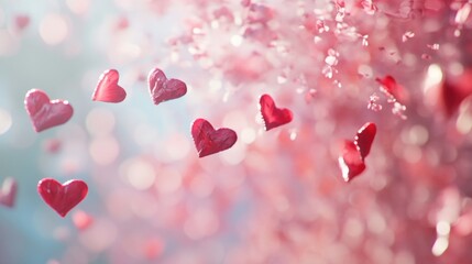 Poster - abstract valentine's day background with floating red hearts and blurred floral elements conveying l