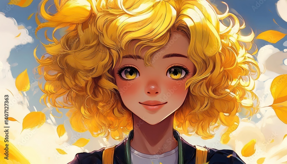 Fantasy Portrait of a Cute Anime Girl with Curly Wavy Yellow Hair ...