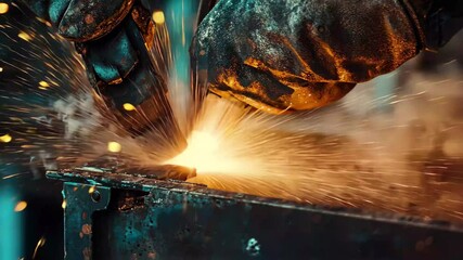 Poster - Closeup of a welder creating sparks during metal fabrication in a workshop at night, Closeup of a welder working with sparks flying