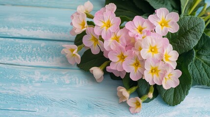 Poster - Pink primrose flowers blooming on rustic blue table