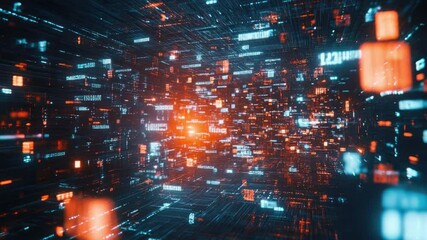 Poster - Abstract Futuristic Digital Data Flow with Glowing Neon Lights in Blue and Orange Tones