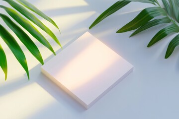 Poster - Minimalist design with floating shapes and tropical leaves