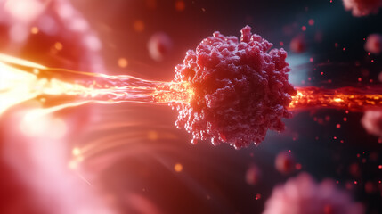 Poster - Visual representation of a cancer cell interacting with an energy surge, showcasing vibrant colors and dynamic movement. Concept of medical research, biotechnology, healthcare advancements