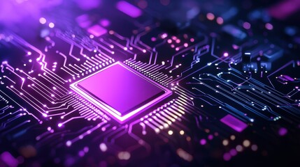 Fototapete - Close-up of a vibrant microprocessor with intricate circuitry in purple hues.