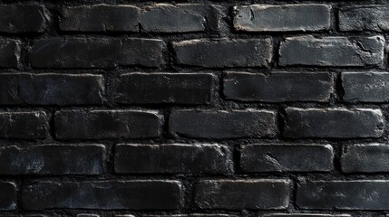 Poster - an image showcasing a close up view of a textured brick wall painted in dark shades, featuring a rough surface with slightly reflective areas and clear mortar