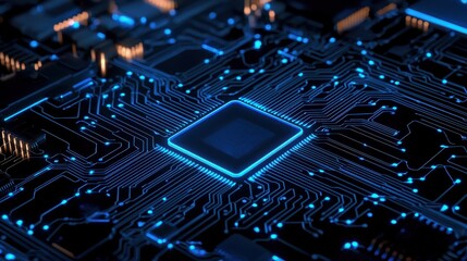 Poster - Close-up of a blue illuminated microchip on a circuit board.
