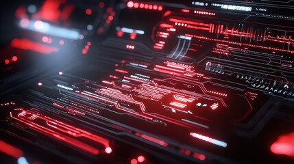 Fototapete - Futuristic red and black abstract technology background with glowing data lines.