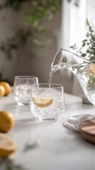 Poster - Pouring sparkling water with lemon slice into glass on white table