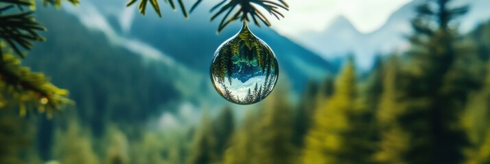Fototapete - Transparent droplet reflecting a scenic mountain and forest landscape in stunning macro detail near a tranquil wilderness area