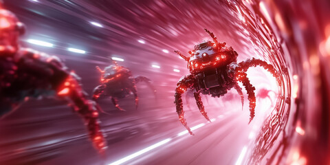Poster - Robotic spider drones move swiftly through a neon-lit tunnel, exhibiting advanced technology in a sci-fi setting. The vibrant colors create an energetic atmosphere
