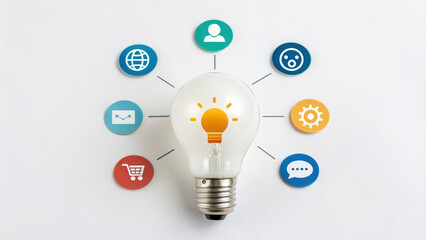Poster - A light bulb icon surrounded by various symbols representing ideas, communication, and technology, illustrating concepts of innovation and connectivity.