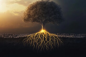 Fototapete - Tree roots resemble neural networks, symbolizing organic intelligence in a surreal landscape during twilight hours