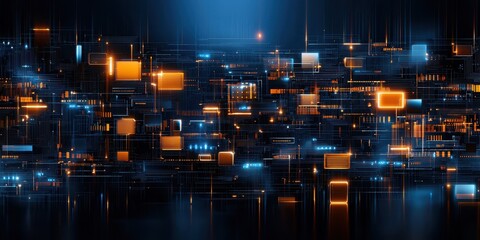 Poster - Futuristic tech background with glowing blue and orange geometric patterns.