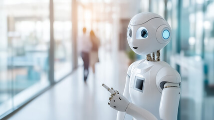Poster - Humanoid robot points in bright office corridor, showcasing advanced technology in a corporate environment. Concept of artificial intelligence, innovation, automation