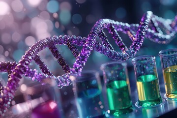 Wall Mural - detailed rendering of dna double helix with laboratory test tubes