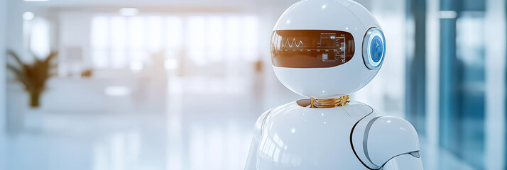 Poster - Robot assistant stands in contemporary office featuring sleek design and bright lighting. Minimalist decor enhances focus on innovative technology