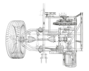 Poster - A drawing of a car engine with a lot of detail. The engine is a complex piece of machinery with many parts. The drawing is in black and white and has a very realistic look to it