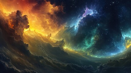 Wall Mural - Vibrant colorful nebulae and swirling clouds throughout a dark cosmic expanse