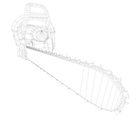 Poster - A black and white drawing of a chainsaw. The chainsaw is shown in a close up, with the handle and the blade clearly visible. Concept of power and danger