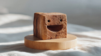 Poster - Wooden smile face cube sculpture art piece on a wooden stand for home decor and art collectors item design
